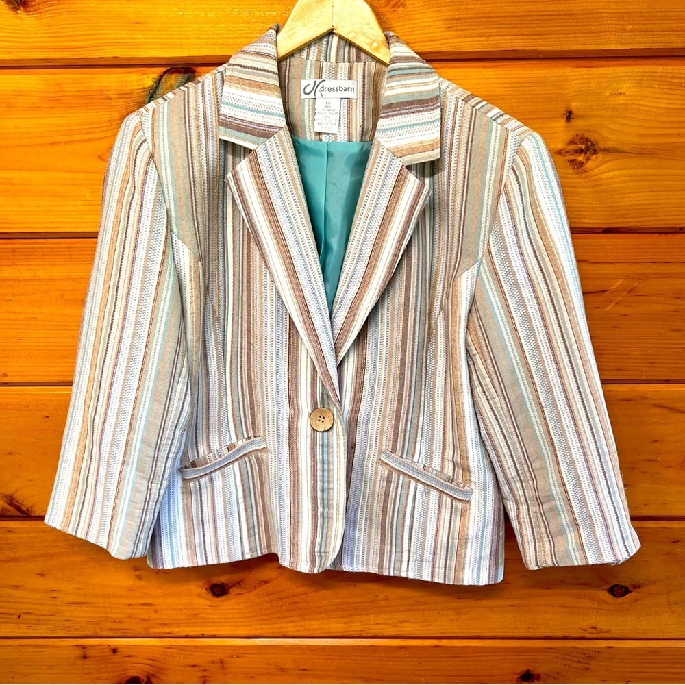 Dressbarn Striped Lined Long Sleeve One Button Blazer W Pockets 14